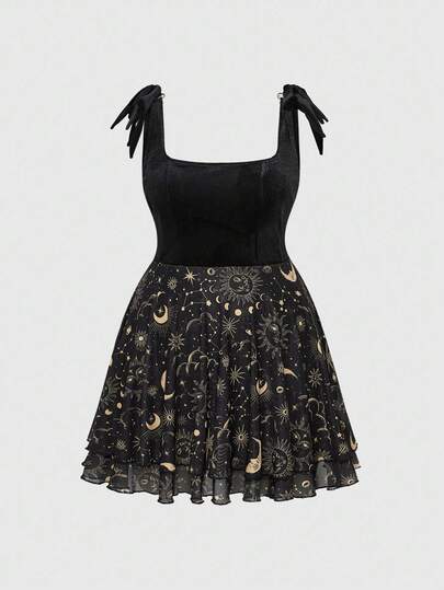 Abito vintage romantico hippie con patchwork in velluto con stampe di sole, luna e stelle, vita stretta, taglie comode