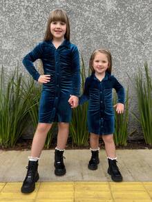 SHEIN Váy xếp ly cổ bẻ màu trơn cho bé gái tuổi mới lớn - Màu xanh lam - Xem 4