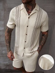 Manfinity Homme Men's Summer Printed Short Sleeve Shirt + Drawstring Shorts Set - Apricot - View 1