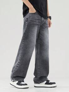 SHEIN Explorewe 青少年男孩休闲户外百搭简约舒适时尚单品水洗黑猫须斑驳松紧腰宽松直筒阔腿牛仔裤