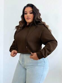 SHEIN SXY Plus Size Women Fluffy Coffee Brown Hooded Short Sweatshirt, Suitable For Graduation, Back To School, Graduation Ceremony, Women Teachers Outfit, Back To School Autumn Winter Clothes For Women