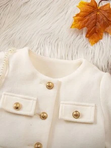 SHEIN 女婴优雅粗花呢荷叶边下摆单排扣夹克和短裤套装 - 白色 - 查看 7