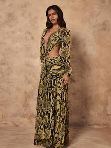 Almamuse 女士优雅蛇皮印花浪漫通勤派对长裙 - 黃色 - 查看 5