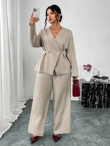 Firerie Plus Size Elegant Solid Color Blazer And Pants Set, Suitable For Commuting - Apricot - View 6