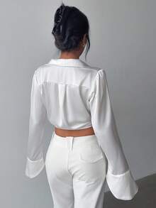 Áo cánh tay chuông buộc trước thanh lịch dành cho nữ, mùa thu - trắng - Xem 2