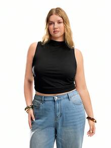 Solavibe 女性加大尺碼無袖上衣，小立領和褶皺裝飾，純色 - 黑色 - 查看 1