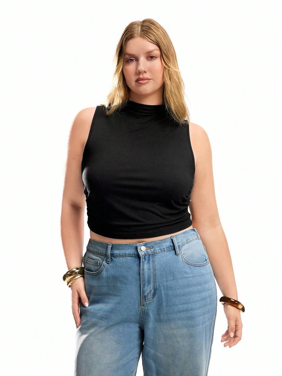 Solavibe 女性加大尺碼無袖上衣，小立領和褶皺裝飾，純色 - 黑色 - 查看 1