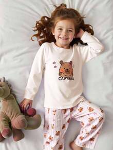 2pcs Tween Girls' Cartoon Print Pink Crew Neck Pullover Sweatshirt And Loose Pants Knit Fabric Soft Comfortable Casual Pajama Set, New Design, Cute Pajama Fall Winter - Baby Pink - View 2