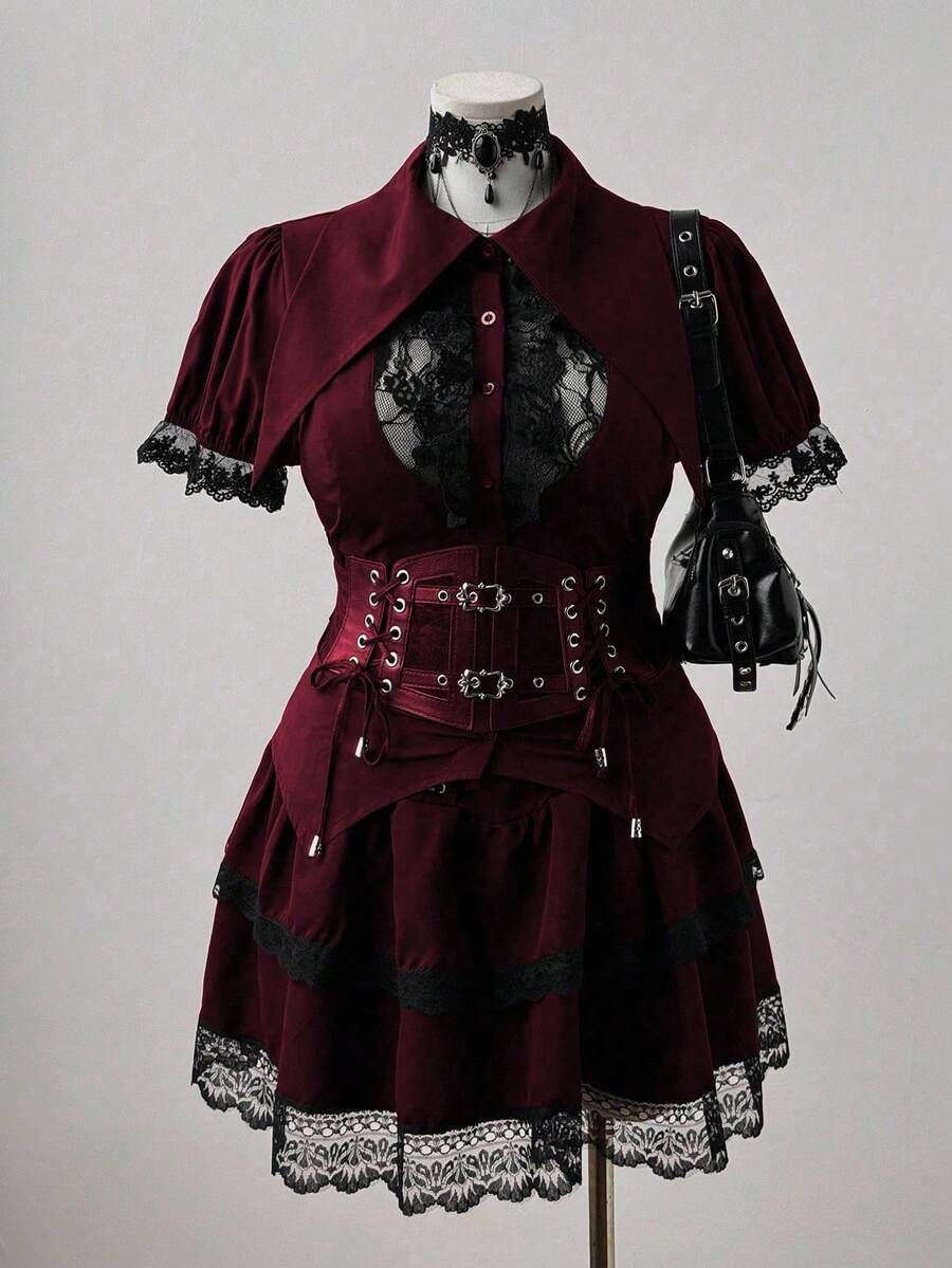 Sweetra Plus Size Women's Casual Black Short Sleeve Shirt, Rave - Burgundy - View 1