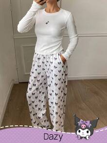DAZY HELLO KITTY AND FRIENDS | SHEIN 女士卡通图案修身长袖上衣和印花直筒裤睡衣套装，秋冬服装 - 白色 - 查看 4
