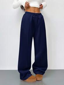 SHEIN Tall Women Fall Khaki Pebble Seam Detail Straight Leg Sweatpants - Navy Blue - View 8