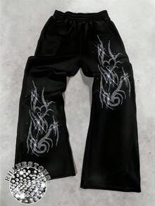 INAWLY Women's Rhinestone Graphic Print Pants, Casual Straight Leg Comfortable Trousers Suitable For Daily Wear - Black - View 1