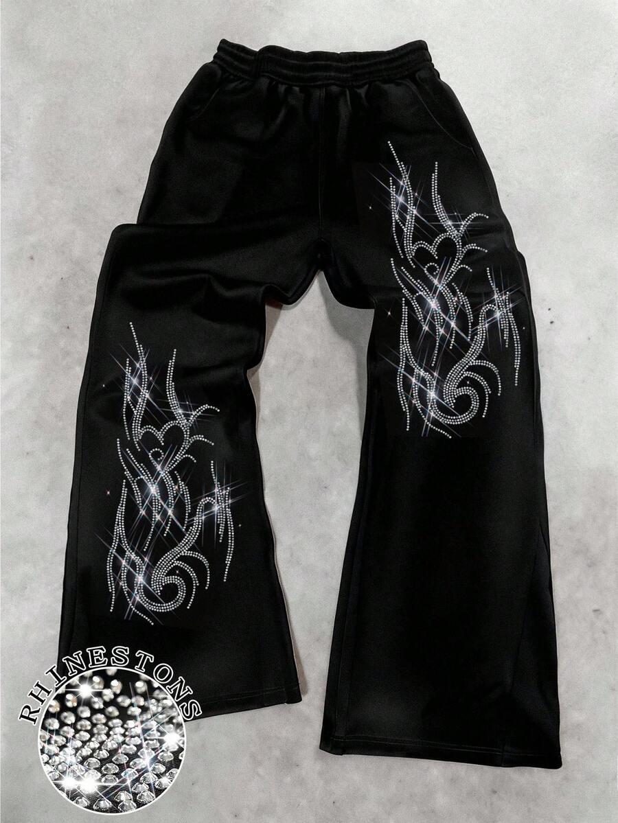 INAWLY Women's Rhinestone Graphic Print Pants, Casual Straight Leg Comfortable Trousers Suitable For Daily Wear - Black - View 1