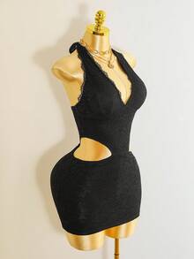 Mistrie Women's Sexy Lace Halter Tie Wrap Dress - Black - View 3