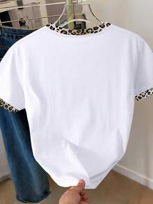 Franclia 女士豹纹蝴蝶结装饰圆领T恤 - 白色 - 查看 2