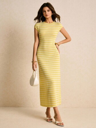 Poéselle Striped Casual Minimalist Fitted Round Neck Women Long Dress