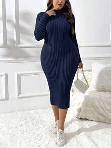 SHEIN Essnce Váy len co giãn thoải mái, cổ đứng cỡ lớn, vừa vặn - Xanh đậm - Xem 5