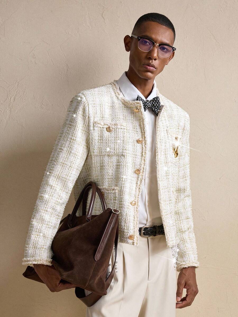 AKNOTIC Business Casual Men's Elegant Commuter Tweed Brooch Decor Long Sleeve Jacket, For Fall, Winter, Christmas, New Year Glamour - Beige - View 1