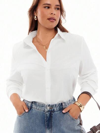 Solavibe Camicia casual a maniche lunghe con colletto alla coreana e bottoni, camicia bianca chic autunnale per taglie forti