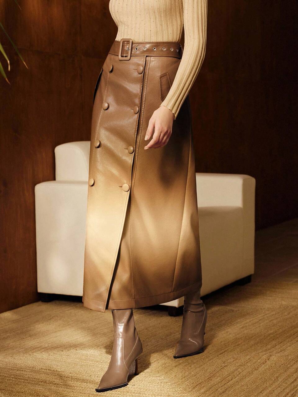 New Autumn/Winter Business Casual Teacher Office Uniform Ombre Faux Leather Mid-Length Skirt