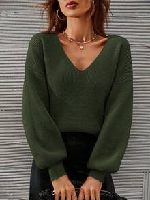 SHEIN Frenchy 女式纯色 V 领落肩长袖宽松套头衫，秋冬 - 軍綠色 - 查看 4