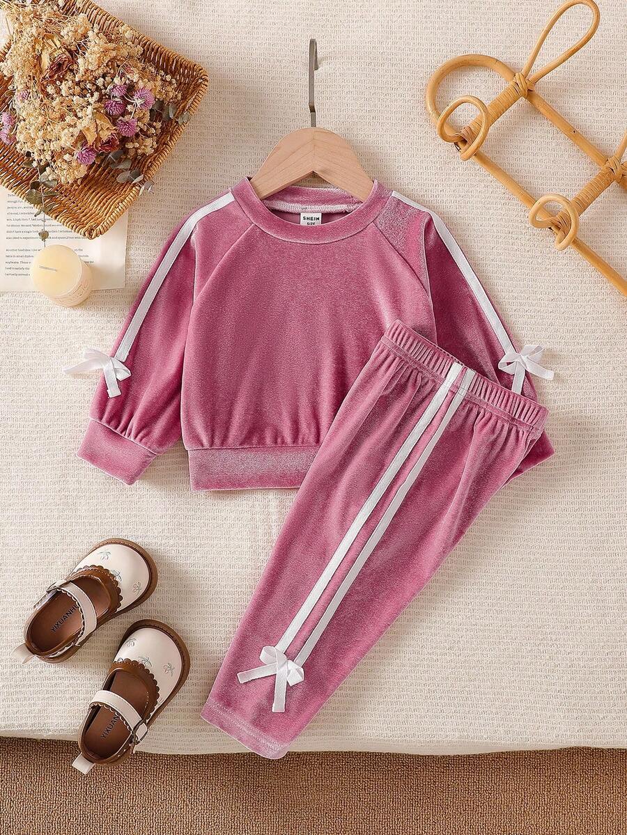 SHEIN Playful Pals 2pcs Baby Girl Knitted Casual Outfit, Purple Cute Bow Tie Long Sleeve Sweatshirt And Pants Set, Quality Fabric, Fashion Leisure Style, Suitable For Outings And Commuting Fall Winter Baby Girl Long Sleeve Set Baby Girl Sweat Set Toddler Girl Two Piece Set