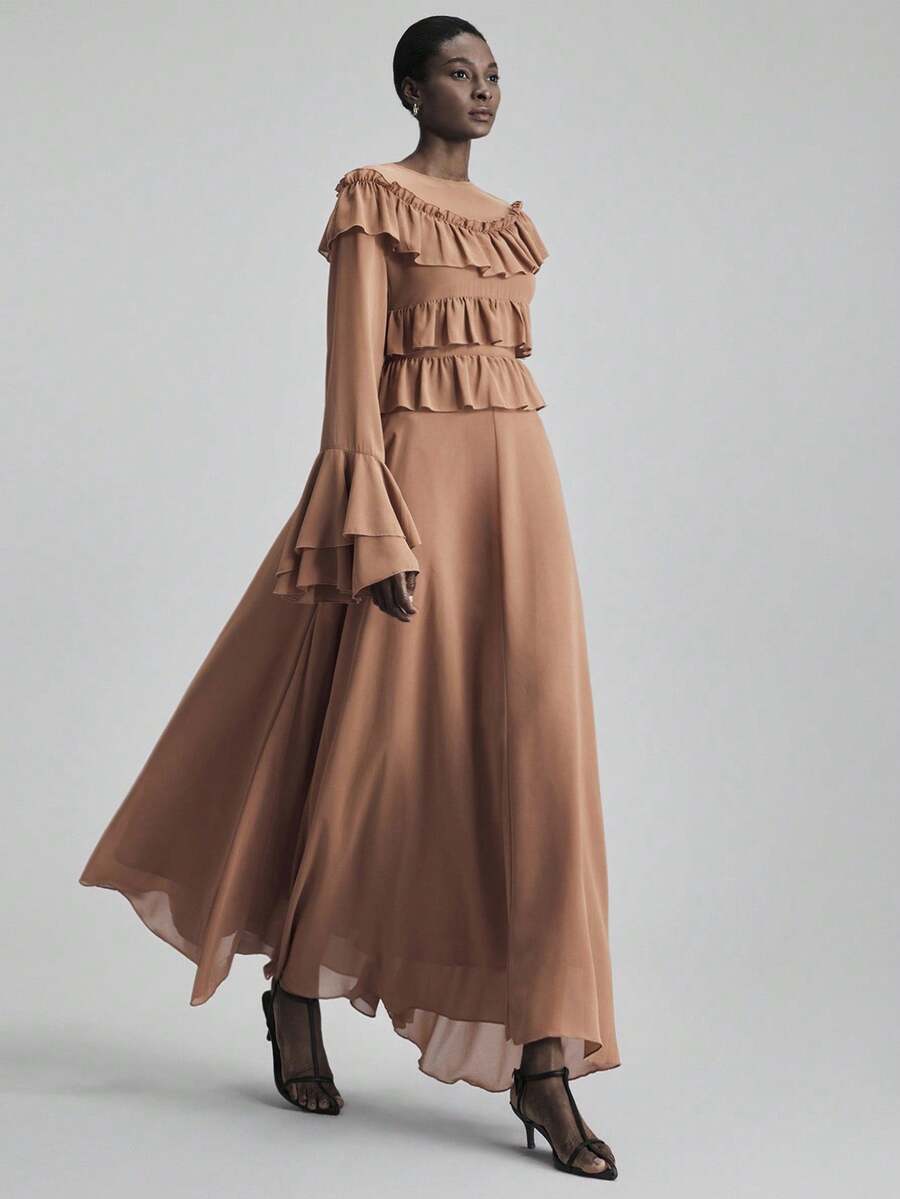 Ontre 女式优雅纯色喇叭袖荷叶边下摆连衣裙 - 棕色 - 查看 1