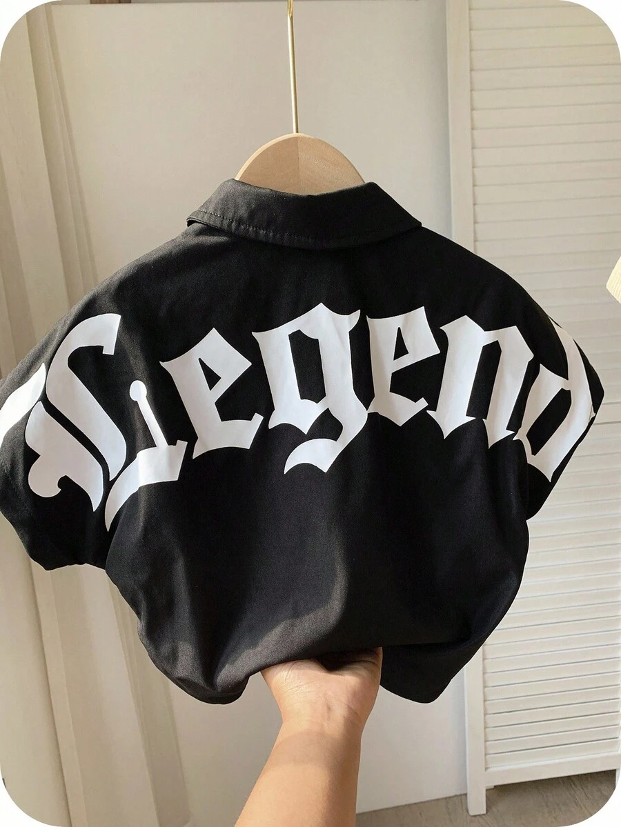 SHEIN 1入組青少年男孩字母印花休閒舒適蝙蝠袖襯衫，適用於春夏季