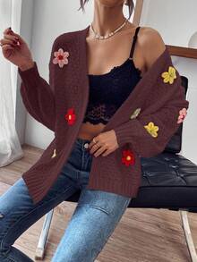 SHEIN LUNE 休闲3D花卉装饰落肩开衫，秋冬 - 酒紅色 - 查看 4