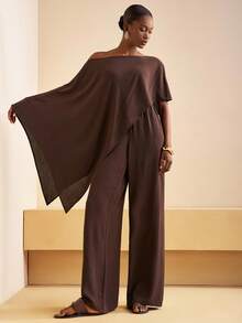 Zivah 2025 秋季新款音乐节、复活节、圣帕特里克节、西部风、游牧风、生日派对、毕业典礼、学院风、学生装、日常休闲、百搭百搭、休闲、邮轮旅行、海滩、日光浴、网络热播、街头潮流、婚礼宾客波西米亚风、通勤、早午餐、机场、派对、节日出游、优雅盛典、女士宽松亚麻不对称肩部斗篷上衣（棕色）和裤子 - 棕色 - 查看 4