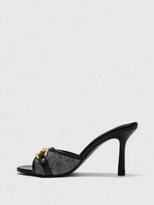 CUCCOO BIZCHIC Denim & PU Mixed Gold Bone Buckle Fashionable Mule Round Toe High Heel Sandals