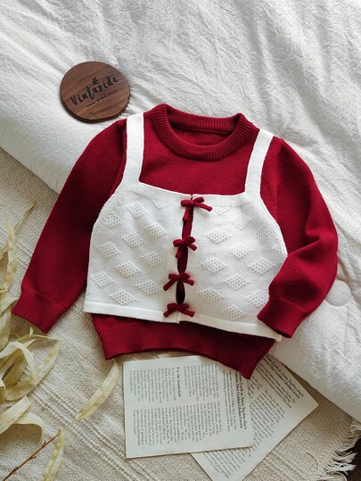 SHEIN Girls Fashionable Round Neck Sweater, 2 In 1 Knitted Long Sleeve Top With Cute Bow, Elegant & Stylish, Suitable For Autumn/Winter, Versatile For Daily Wear, Outings, Travels, And Holidays