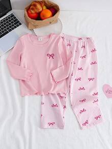 Genkimix Kids 女童蝴蝶结字母印花粉色长袖上衣和蝴蝶条纹印花裤两件套睡衣套装 - 粉色 - 查看 6