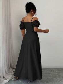 Elenzga Váy hở vai họa tiết bướm nhún eo tay ngắn cỡ lớn, dáng chữ A thanh lịch và tinh tế, màu tím - màu đen - Xem 3