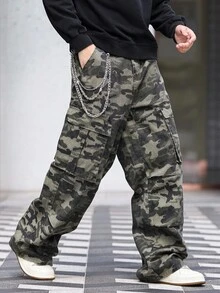 Manfinity LEGND 男士休闲迷彩印花阔腿工装牛仔裤 - 軍綠色 - 查看 5