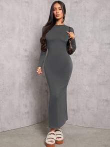 SHEIN PETITE 纯色褶腰黑色长袖连衣裙 - 深灰色 - 查看 4
