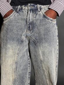 SUMWON 棉质做旧拼接超阔腿滑板牛仔裤，宽松版型，复古 Y2K 嘻哈街头风秋冬牛仔裤，颓废美学纯色 - 淺藍色 - 查看 6