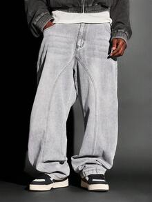SUMWON 纯棉高级阔腿宽松牛仔裤，街头风高腰灯笼裤，独特褪色设计，纯色 - 灰色 - 查看 4
