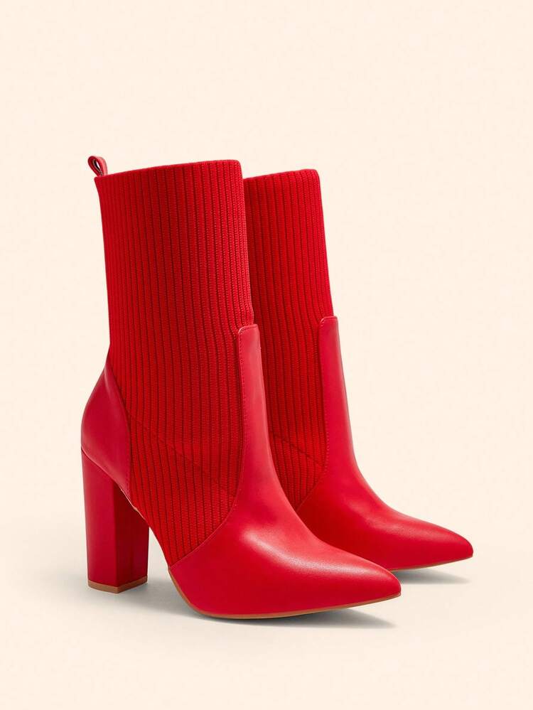 CUCCOO BASICS Women's Fashion Fabric Elastic Pointed Toe Chunky Heel Mid-Calf Boots, Suitable For Commuting, Dating, Party, Holiday For Christmas