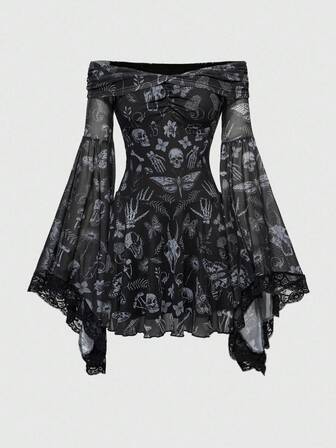 Goth Abito mini da donna con scollo a spalle scoperte, in stile gotico, misterioso, con applicazioni in pizzo e maniche a campana