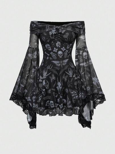 Goth Vestido corto de mujer con hombros descubiertos, encaje y mangas acampanadas, con estampado de calavera y estilo gótico, misterioso y oscuro