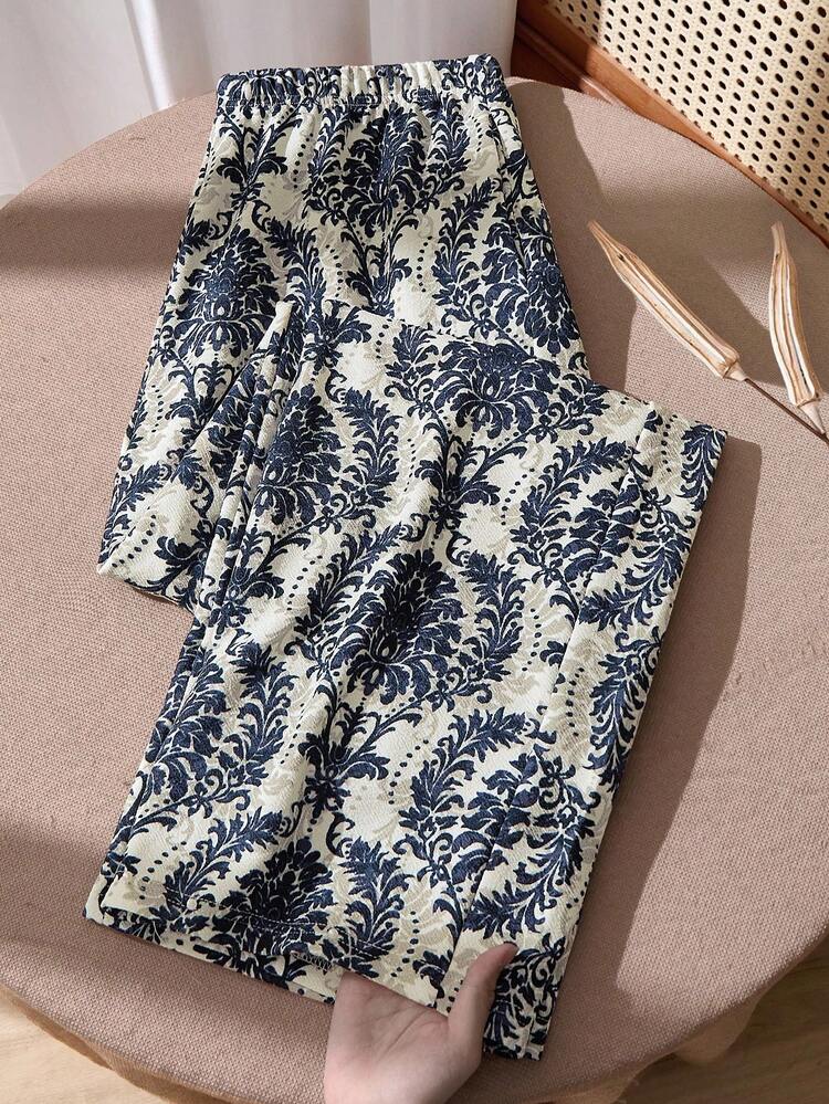 プラスサイズ女性の秋のカントリーカジュアルヴィンテージ花柄プリントデイリーロングパンツ、ポケット付き、お出かけ、2025年新作、シンプルでファッショナブル、秋冬レディースパンツ