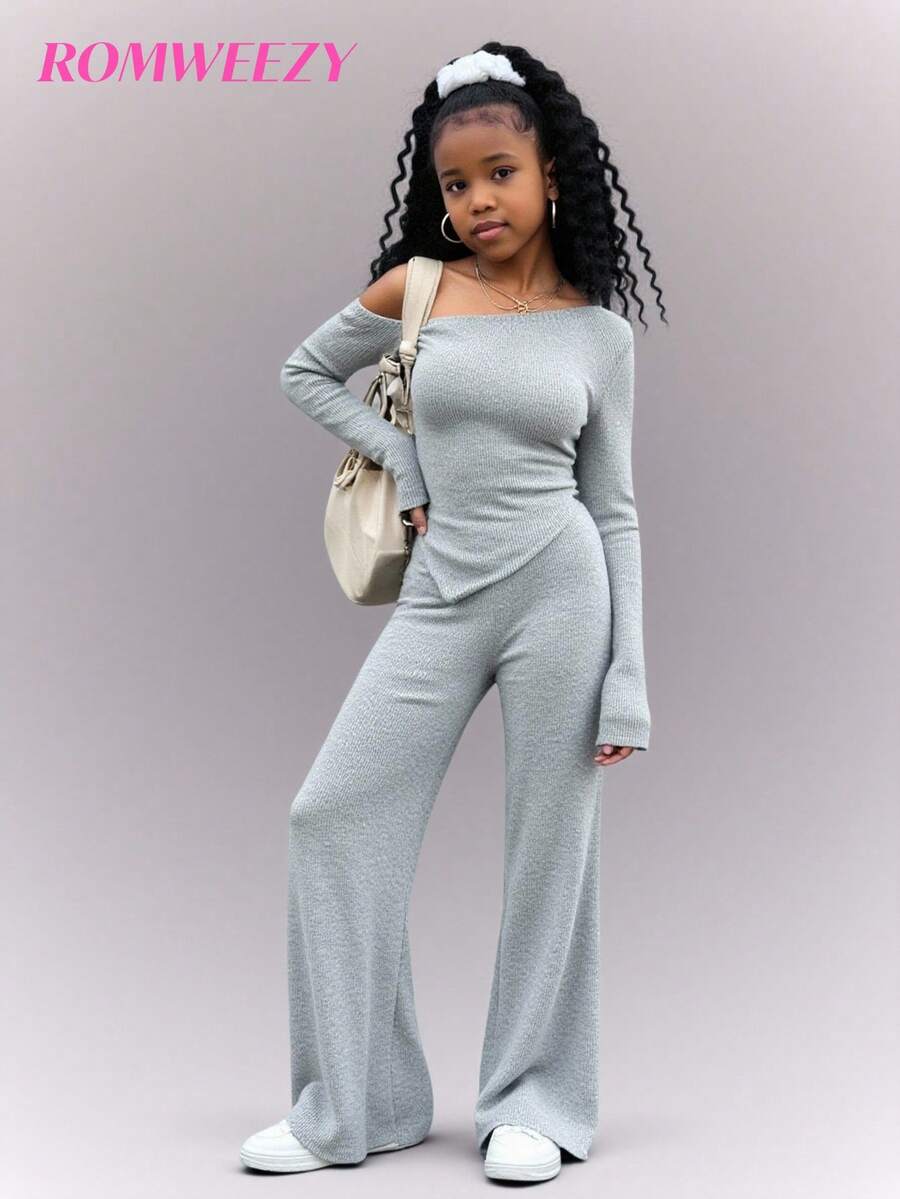 Conjunto de 2 peças para meninas adolescentes, blusa de manga comprida com nervuras e ombros oblíquos + calça reta