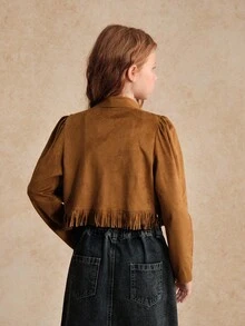 青少年女孩时尚休闲仿麂皮翻领泡泡长袖流苏下摆复古嘻哈开衫夹克 - 駝色 - 查看 2