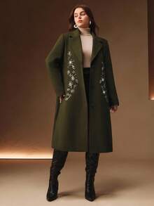 Anewsta 大码女式长翻领水钻装饰单排扣优雅大衣，秋冬 - 墨綠色 - 查看 4