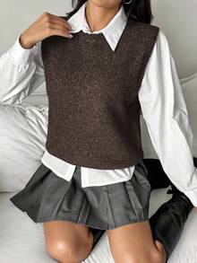 Chiquease Women's Casual Versatile Solid Color Knit Vest - Coffee Brown - View 5