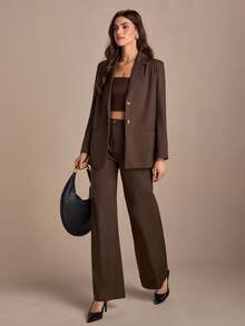 CLARA VERO 2 Pcs, Oversize Blazer Jacket & Wide Leg Pants - Brown - View 4