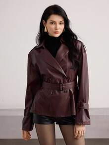 Modelyn 女式双排扣束腰 PU 皮夹克，秋冬时尚 - 棕色 - 查看 1