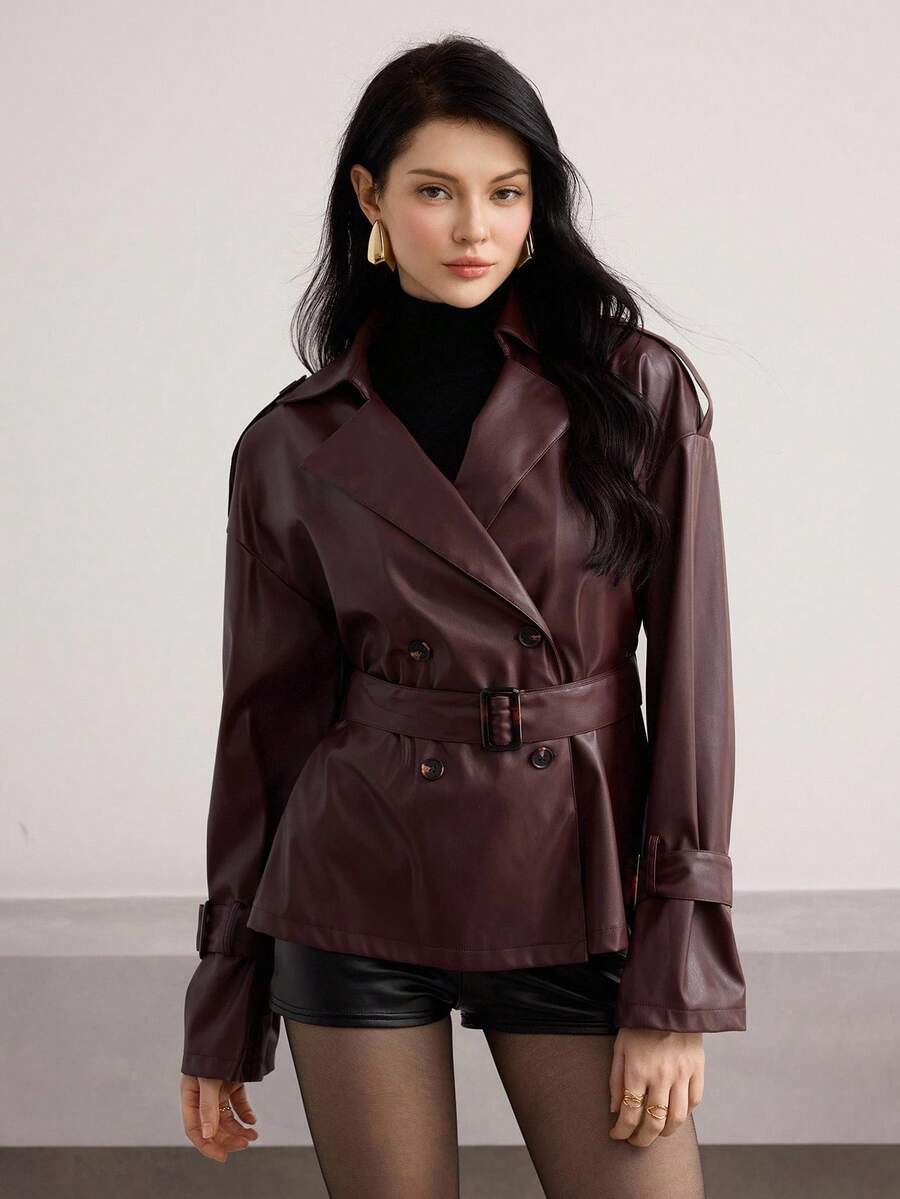 Modelyn 女式双排扣束腰 PU 皮夹克，秋冬时尚 - 棕色 - 查看 1