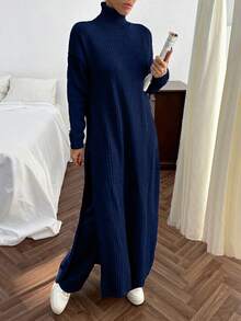 EURMUSE Women Solid Color Rib Knit Turtleneck Slit Detailed Long Sweater Dress & Sweater Pants Set - Navy Blue - View 5